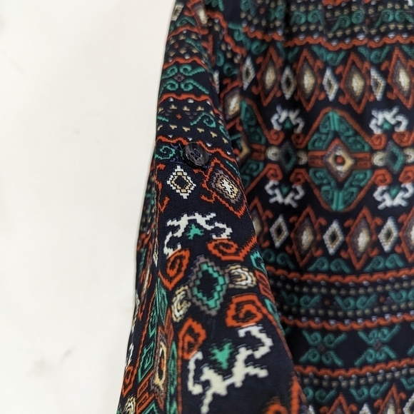 Mod Cloth Fun2Fun Blouse Women Medium Boho Tribal Navy Green Peasant Aztec Sheer - Picture 8 of 12